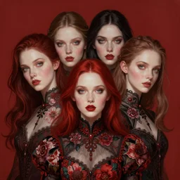 fantasy portrait of the witch with 4 eyes, floral dress, intricate detail, photorealistic, elegant, stylish, highly detailed, digital painting, artstation, concept art, smooth, sharp focus, illustration, art by artgerm and greg rutkowski and terese nielsen, red scheme