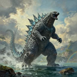godzilla emerges from a river and roars at the sky, beautiful landscape painting, very detailed, dramatic lighting