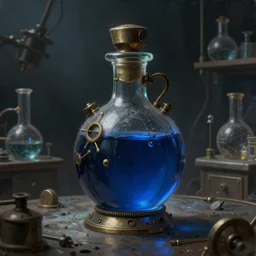 a painting of a steampunk dark blue potion bottle in a dark dusty vintage science lab, by h. r. giger, hyperrealistic fantasy art, concept matte, ethereal, dreamy, digital art, trending on artstation, volumetric cinematic lighting