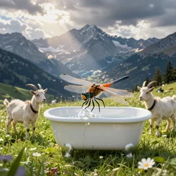dragonfly in a bathtub in the alps, goats!!! on the grass