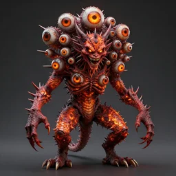 a highly detailed scary full body demon with multiple eyes and spikes, limbs by alex gray, android jones, karol bak, ayami kojima, artgerm, concept art, pattern, dragon skin, fire amber, glowing eyes, smirking angry expression, 3 d, octane render, 8 k, unreal engine
