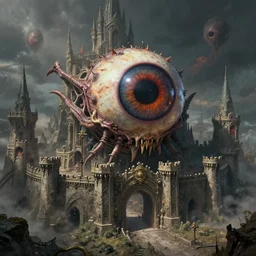 extremely hyperdetailed insectile eyeball alien skull castle in the chaos realm, by greg rutkowski, rodney matthews and artstation, epic atmosphere, grim, photorealism, complex color scheme, massive gates, ramparts and bulwarks, uhd