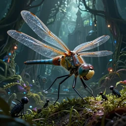 dramatic angle on realistic giant dragonfly with few element of cyberpunk armor attacking very tiny dark creatures in fantasy jungle, by moebius!!!!, victo ngai!!!!, greg hildebrandt and mark brooks, cyberpunk, neo - gothic, cinematic view!!!, dynamic lighting, night mood!!!!