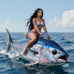 cinematic shot of Cardi B riding on the back of a giant tuna fish in the ocean, bright lighting, 8k, very intricate, very detailed,