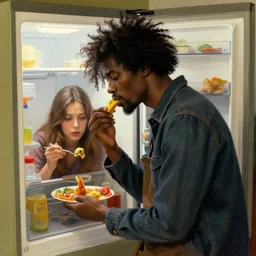 lanky black stoner with bad haircut, eating his wife's dinner furtively, open refrigerator and sulking silently, trending on artstation, greg rutkowski, mucha