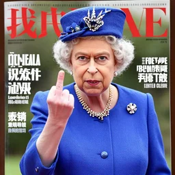 the queen of england making a rude gesture lifting her middle finger in a magazine cover photo.