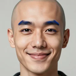 Bald Man with square detailed eyes and symmetrical detailed nose, smiling with detailed lips with ridges and blue hair