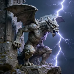 gargoyles Goliath living creature breaking out of stone, lit by lightning, highly detailed, artstation