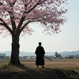 A silhouette of a samurai holding a dadao sword, standing on a Hill with a single cherry blossom tree, cinematic shot, digital art, japanese Fields, japanese architecture faraway, wide shot, dramatic, peaceful, wide shot