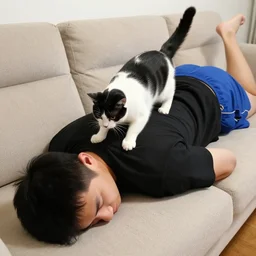 man laying face down on a couch, the man is wearing black shirt and blue shorts, a black and white cat is climbing on him