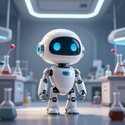 a cute little robot looking up to the camera in awe, made out of shiny white metal, standing in a lab surrounded by lab tools, photograph, white neon lighting, pixar style, futuristic, science fiction