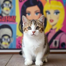a picture of an adorable kitten in front of a backdrop designed by Lisa Frank