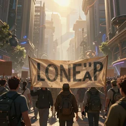 everybody in the world collected for a protest march, carrying banners, soft lighting, trending on art station fantasy art, global illumination, radiant light, detailed and intricate environment