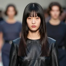 ektachrome, youthful asian demure, exquisite features, feminine cut, frontiers in flight leather, queen elizabeth ii in disguise, issey miyake pleats pleats pleats, sebastian faena