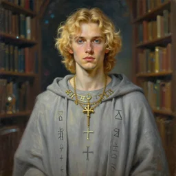 portrait of blond evan peters in gray robes, runes, jewelry, mystical, ethereal, magical library bokeh, painting by greg rutkowski and alphonse mucha
