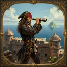captain pirate using a telescope. looking an island in the horizon. from the top of fort. from behind intricate, elegant, highly detailed, digital painting, artstation, concept art, sharp focus, illustration, by justin gerard and artgerm, 8 k