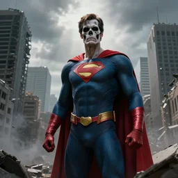 A dead super hero in a destroyed city, high quality, digital art,  gray sky, god rays, cinematic lighting, ultra details