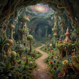 an epic elite masterpiece mysterious sci - fi matte painting of a winding path through lush cave dream worlds with surreal lush structures inspired by heironymous bosch's garden of earthly delights, surreal lush landscapes by asher durand and cyril rolando and natalie shau and thomas kinkade, insanely detailed and intricate, elegant, subterranean galaxy