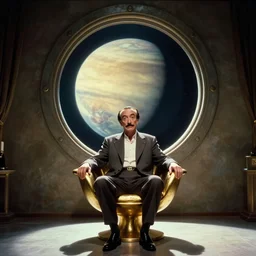 salvador dali sits on gold futuristic chair in front of huge central porthole in which venus planet is visible | still frame from the movie by ridley scott with cinematogrophy of christopher doyle and art direction by hans giger, anamorphic lens, kodakchrome, 8 k