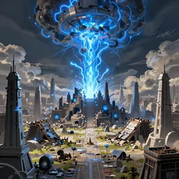 a destroyed city after science fiction magic bombe explosion, blue electric arcs, arcane series style, landscape, game design fanart by concept artist gervasio canda, behance hd by jesper ejsing, by rhads, makoto shinkai and lois van baarle, ilya kuvshinov
