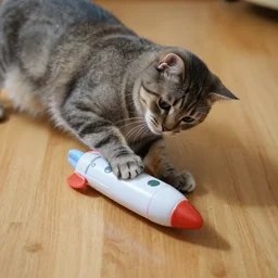 cat playing with a toy rocket on wooden floor, dslr photo