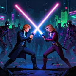 jaime lannister and brienne of tarth fighting a thousand neon zombies with lightsabers, cyberpunk art by james gilleard, cgsociety, retrofuturism, synthwave, retrowave, outrun