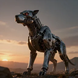 an animal made of retrofuturistic metal parts, sunset, hazy, volumetric lighting, rtx on, washed out dark colors, an award - winning digital render, beautiful, stunning, ultradetailed, great composition