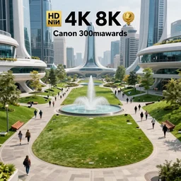 photo of a futuristic city with futuristic buildings, grassy parks, pedestrians!!, sidewalks with benches on the sides, fountain in the middle, highly detailed, high quality, HD, 4k, 8k, Canon 300mm, professional photographer, 40mp, lifelike, top-rated, award winning, realistic, sharp, no blur, edited, corrected, trending
