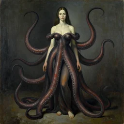 clothed woman with tentacles as appendages, painting by Zdzislaw Beksinski and Marat Safin