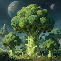a strange biome of giant brocolli trees on an alien planet, octane rendering, beautiful matte painting, trending on artstation, by zdzisław beksinski, studio ghibli, michael whealan and james gurney detailed, 8 k