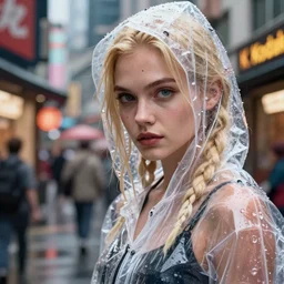 Kodak Portra 400, 8K, highly detailed, wachowski seinen manga 3/4 extreme closeup portrait, eye contact, focus on clear transparent raincoat replicant replicant muscular blonde model, tilt shift zaha hadid style anime background: famous blade runner anime remake, tokyo izakaya scene