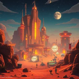 a wholesome animation key shot of a sci - fi city on desert planet by studio ghibli, animation, sharp, rendered in unreal engine 5, focused, anime key art by greg hildebrant, tim hildebrandt, bloom, dramatic lighting