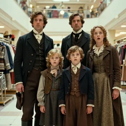 sharp, detailed, 8k film, 70mm film, high quality frame scan from a sci fi blockbuster color movie made in 2019, a family of four time travelers from 1860 travel in time to 2019, appearing in a shopping mall, looking surprised, the family are all wearing 1860s era clothes, good lighting, in focus, cinematic still, high quality scan, in focus, 35mm macro lens