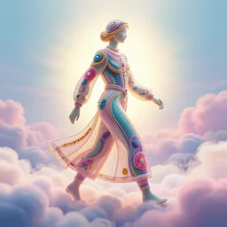 techno - embroidered human decorated with filigree and beads walks in the clouds, safe for work, vivid pastel color scheme, by award - winning concept artist, dynamic composition, backlighting, radiant light