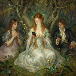 goddess of nature checking her phone, art by josephine wall, fantasy, magic realism, art by arthur rackham, art by huang guangjian, art by amanda sage, viktoria gavrilenko