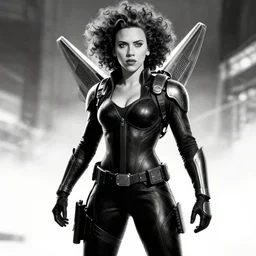 scarlett johansson, action scene, wearing a sleek jetpack, black and white, afro samurai manga style, fully clothed