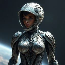 ornate beautiful hourglass feminine carbonfiber cyborg in full body skin space suit, helmet, concept art, joshua rife, photoshoot, intricate, highlydetailed, space background, artstation 4 k raytracing, shadows, highlights, illumination