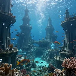 an underwater utopian society built deep underwater that is built on the back of a long lost ruined city that is filled with anthropomorphic fish citizens and is the only source of light in the scene, bubbles, coral, fish, atmospheric, aesthetic, paradise, high resolution, cinematic