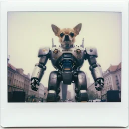 low saturation photograph!! giant oversized chihuahua dog as cyborg mecha robot, in legnica, cinematic focus, polaroid photo, vintage, neutral dull colors, soft lights, foggy, overcast, by oleg oprisco, by thomas peschak, by discovery channel, by victor enrich, by gregory crewdson
