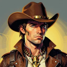 biopunk cowboy from fallout new vegas, portrait illustration, pop art, experimental, art by andy warhol, rodney ripps, alphonse mucha, federico fellini,