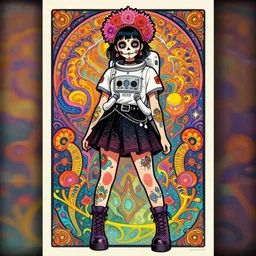 cute punk goth fashion fractal Día de los Muertos tattooed astronaut girl posing, psychedelic poster art of by Victor Moscoso Rick Griffin Alphonse Mucha Gustav Klimt Ayami Kojima Amano Charlie Bowater, masterpiece