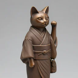 elegant tall thin anthropomorphic cat figurine wearing a detailed kimono, hand carved brown resin, kimono robe detailed, very highly detailed, petite, exquisite details, intricate, monotone, shy looking away waving one paw head turned slightly, deep focus, maneki - neko