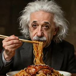 Albert Einstein putting noodles in his mouth with chopsticks, hyperdetails, displacement mapped octane render, luscious patty with sesame seeds, ethereal, handsome, elegant, highly detailed, digital painting, artstation, concept art, matte, sharp focus, illustration, art by Artgerm and Greg Rutkowski and Alphonse Mucha