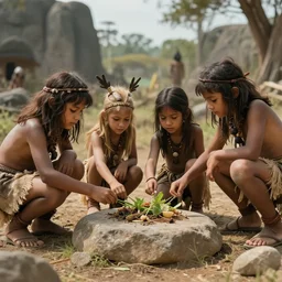 “ kids in stone age looking for food, realistic ”
