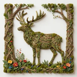small and dense intricate vines, moss, roots, colorful flowers, and tree branches take the detailed form of an elk standing in a realistic forest, woven art, vine art, wicker art