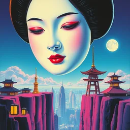 a close - up grainy risograph, painting of a scene from hyper light drigter, neon colors, a big porcelain glossy geisha face floating above the wide monolith, moebius and kim jung gi and satoshi kon