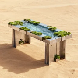 table made of rectangle tetris, made of silver steel and moss and water, octane render, trending on artstation, on the hard desert floor