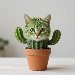 surreal, cute kitten green face, green veggie kitten with spikes, shaped as cactus cactus shaped as kitten, half kitten half cactus, in a pot, on the table, herbology, hd photography, coherent, intricate, blender, concept art, radiant light