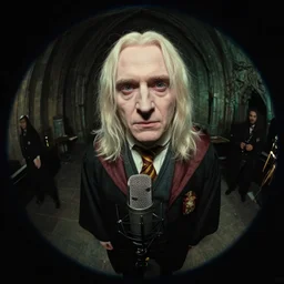 a fisheye lens photo of voldemort in a rap video clip with a microphone