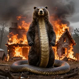 disaster great serpent the bear standing in front of burning house looking at camera by croxot
